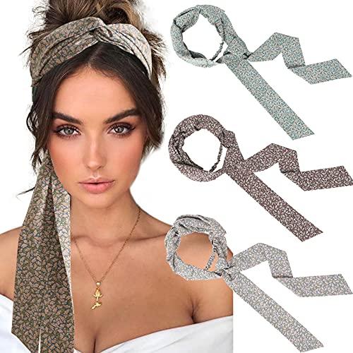 AWAYTR Women's Long Head Wraps Bands - 3PCS Chiffon Criss Cross Headbands for Long Thick Hair (Cyan Blue, Red)