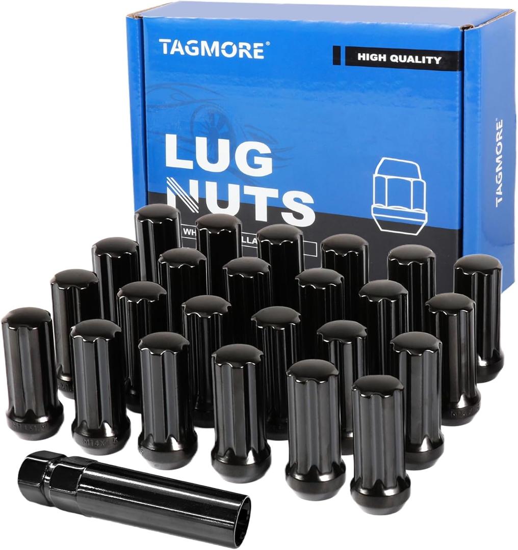 24pcs M14x1.5 Spline Lug Nuts - Compatible with Chevrolet Tahoe/Suburban/Silverado, GMC Yukon/Sierra 1500, Ford Expedition, One-Piece Design Factory Wheel Lug Nut Set with Socket Key (Black)