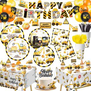 Construction Birthday Party Supplies Includes Plates, Napkins, Cups, Cutlery, Cake & Cupcake Toppers, Banner, Hanging Swirls, Tablecloth, Balloons for Construction Party Decorations, Serve 20