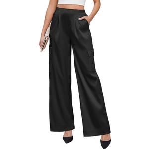 ZAFUL Womens Satin Pants Wide Leg High Waisted Cargo Pants Silky Dressy Casual Slack Trousers (Pink, L)