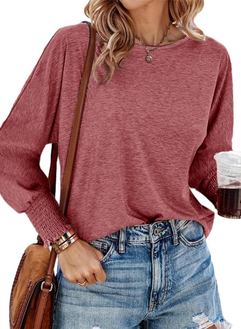 2 x Dokotoo Womens Tops Long Sleeve Tops Shirts 2025 Spring Trendy Business Work Loose Basic T-Shirts (Medium, Red Dahlia)