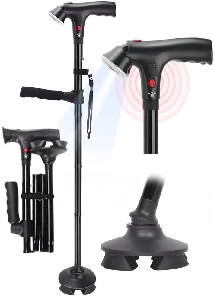 Walking Cane for Men & Women, 3-in-1 Folding Cane with Alarm and Light, Adjustable, Free Standing, Collapsible Walking Stick for Seniors Balance with a Second Handle