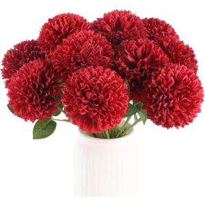 Hananona 12 Pcs Artificial Chrysanthemums Flowers Burgundy Red Flowers, Fake Mums Silk Flowers for Spring Home Decor Christmas Floral Arrangement Halloween Table Centerpiece (12, Burgundy)