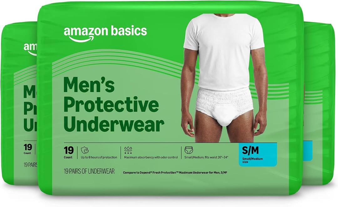 Amazon Basics Maximum Absorbency Incontinence Underwear for Men with Leak Protection and Odor Control, Disposable, Small/Medium, 57 Count (3 Packs of 19)