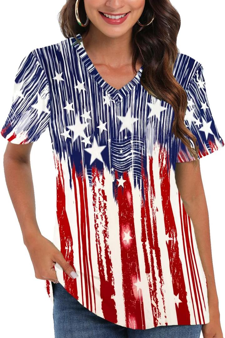 CM-Kid 4th of July Patriotic Shirt for Women American Flag Clothing Summer V Neck Short Sleeve USA Outfit Tee Top (S)