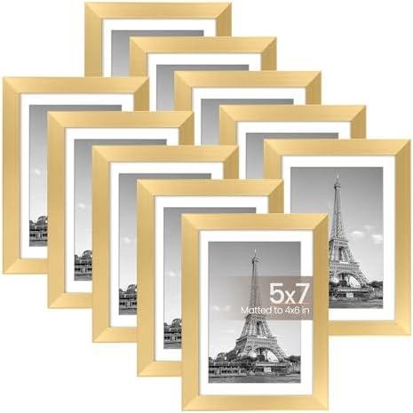 upsimples 5x7 Picture Frame Set of 10, Display Pictures 4x6 with Mat or 5x7 Without, Multi Photo Frames Collage for Wall or Tabletop Display, Gold