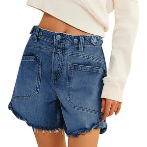 EZAPINE Women Mid Waist Jean Shorts Raw Hem Trendy Folded Hem Denim Short Jeans (Blue)