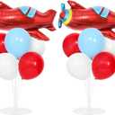 Airplane Birthday Party Balloons Stand Kit 2 Sets with 2 Plane Helicopter Foil Balloons Red Blue White Balloon Centerpiece for Tables for Adventure Time Flies Birthday Baby Shower Party Decoration, 10 inches