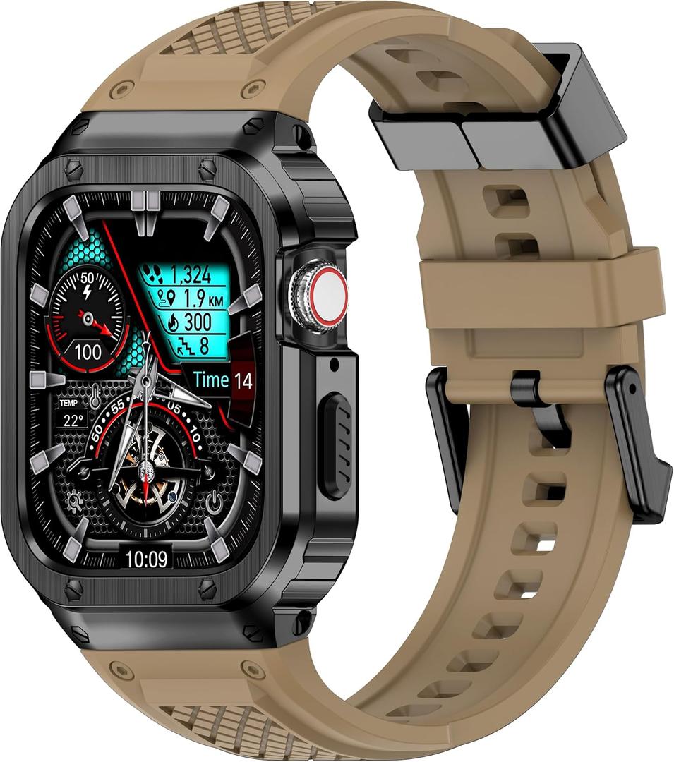 Band with Stainless Steel Case Compatible with Apple Watch Series 9 8 7 45mm Band, iwatch Bands Rugged Metal Protective Cover for Men (Tan)