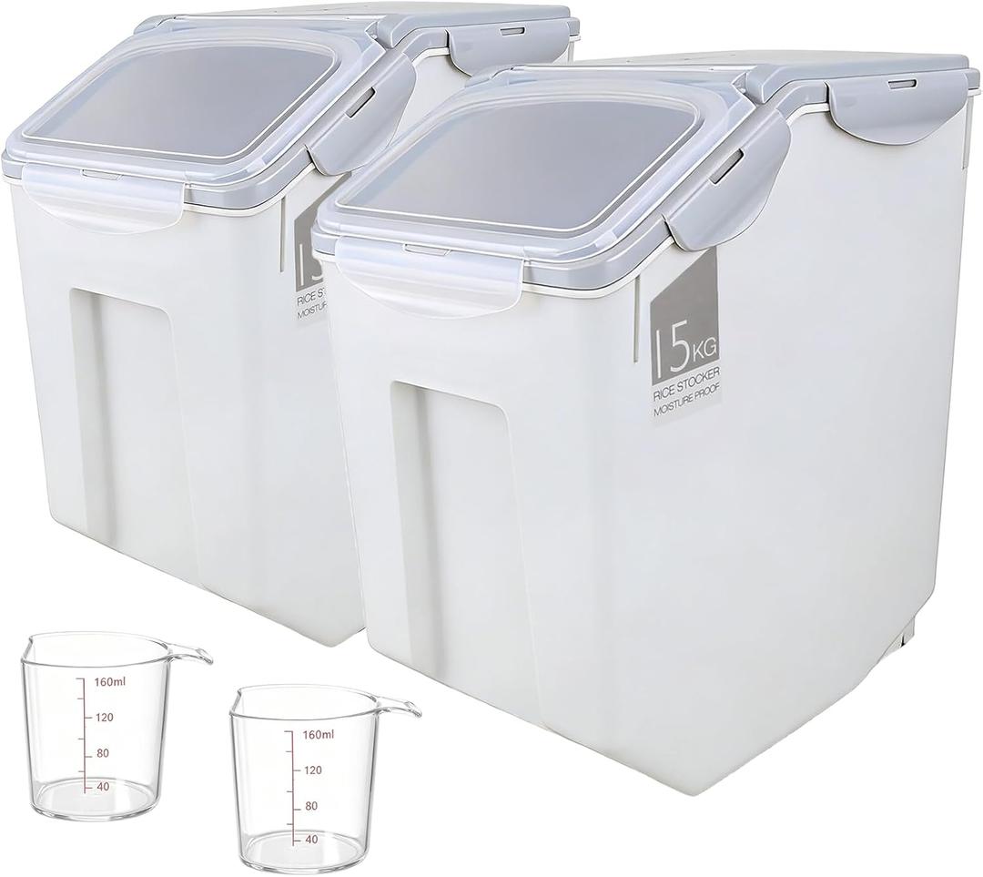 Rice Storage Container 25Lb, 2 Pack 15L Airtight Food Bin with Wheels, Large