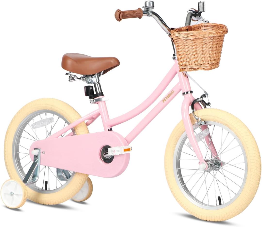 Petimini Girls Bike with Basket for 2-12 Years Old Kids, 12 14 16 18 20 Inch Bicycle with Bell Training Wheels, Multiple Colors (Pink)