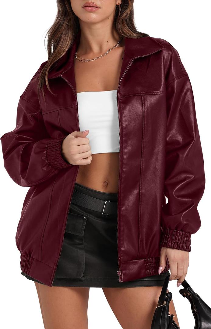 Sampeel Leather Jacket Women Faux Oversized Motorcycle Bomber Coats 2025 Fall Fashion Outfits Winter Clothes (Red, S)