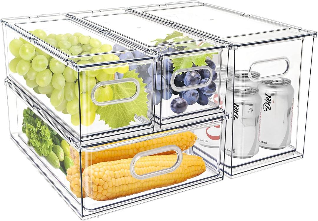 MANO Fridge Drawer Pull Out Stackable Bins with Handle Clear Refrigerator Drawers Organizer Food Storage Container Box with Dividers Plastic Produce Saver for Pantry, Cabinet, Kitchen, Clothes4Pack