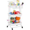 LEHOM 3-Tier Rolling Utility Cart with Hanging Cups & Hooks & Handle, Plastic Art Cart Organizer Storage with Wheels, Easy Assembly for Office, Bedroom, Kitchen, Bathroom, Laundry