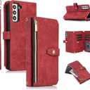 UEEBAI Wallet Case for Samsung Galaxy A15 4G/5G, 9 Card Slots Retro Leather Wallet Shockproof Flip Cover with Hand Strap Card Slots Zipper Pocket Kickstand Handbag Magnetic Closure - Retro Red