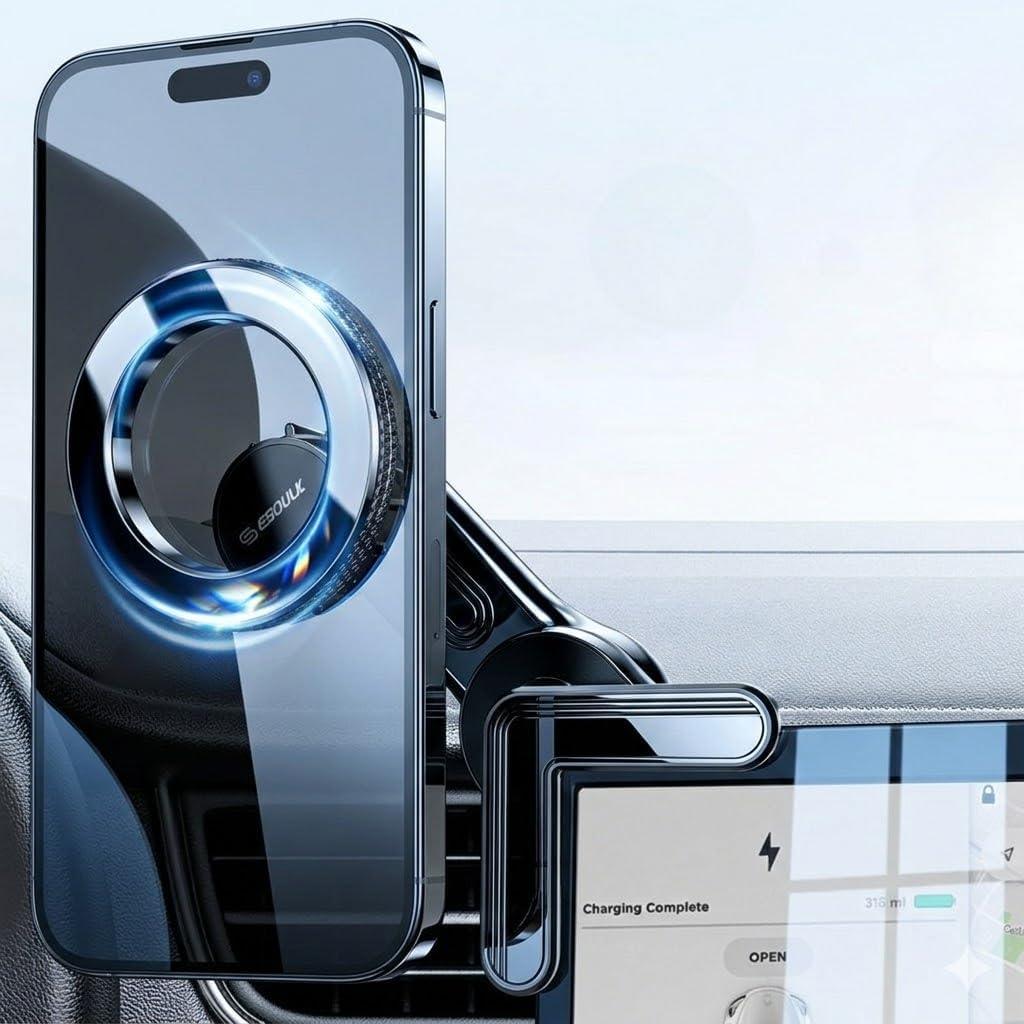 Esoulk Tesla Phone Holder for Model 3/Y/X/S, Hidden Magnetic Car Mount Behind Screen, Foldable Stick-On Design, Strong Hold for iPhone & Samsung