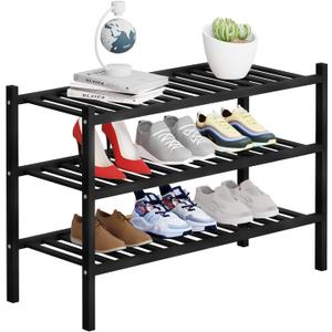 3 Tier Bamboo Shoe Rack Storage Organizer for Closet, Multifunctional Stackable Free Standing Shoe Shelf Organizer for Small Space,Entryway,Hallway,Bathroom 27"x11"x20" (Black, 3 Tier)