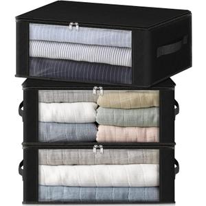 3 Pack Storage Bags, 45L Foldable Clothes Storage Bins with Lids, Closet Organizers Blanket Storage Bags with Zippers Clear Window Sturdy Handles for Clothing Bedding Comforter Sweater Pillows, Black