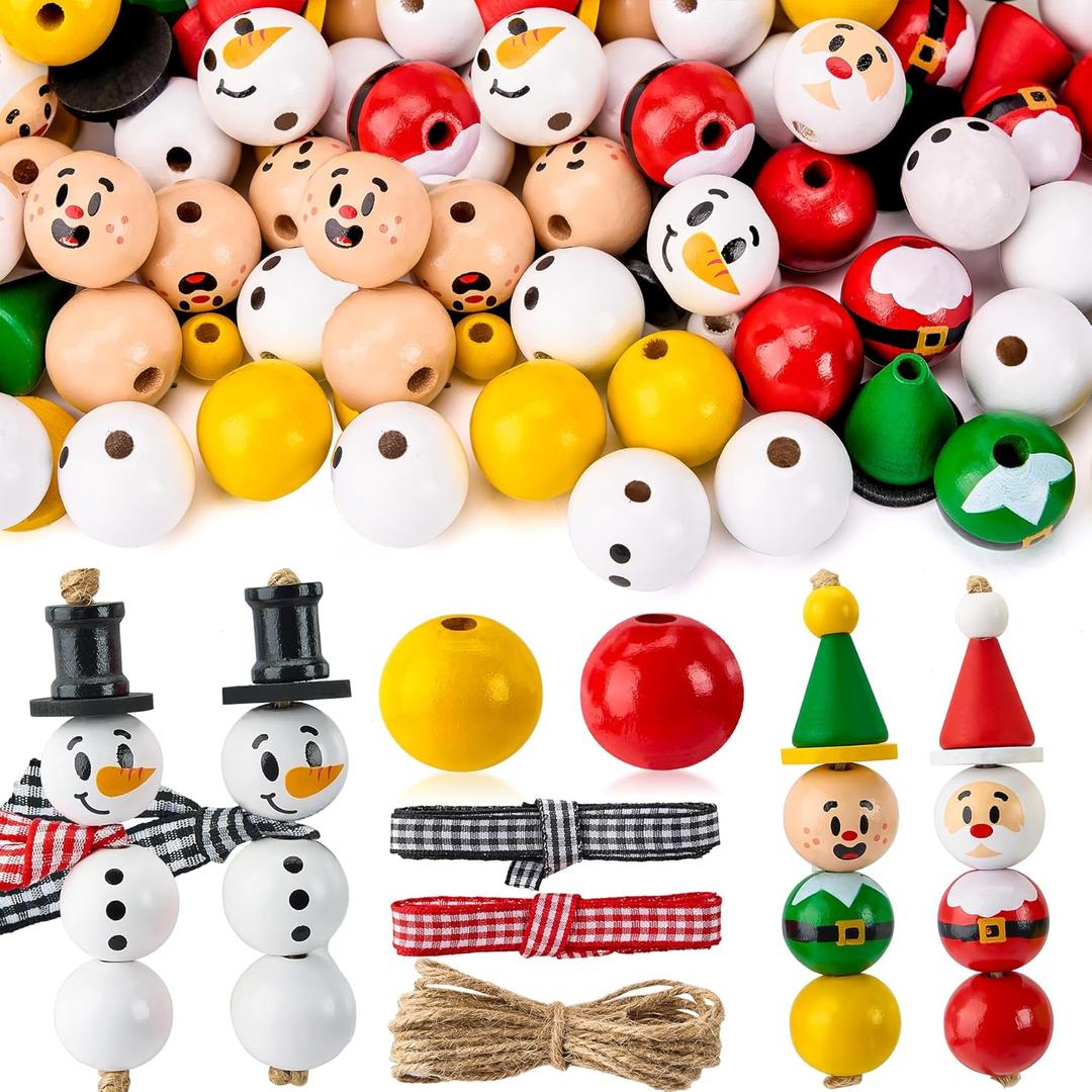 JOYIN 173 Pcs Christmas DIY Wooden Beads Craft, Printed Wood Round Beads Make Up to 30 Hanging Ornaments of Snowman, Santa Santa & Elf for Christmas Craft, Xmas Holiday Decoration,Art Activities