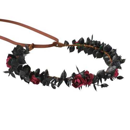 KorViSHOW Flower Crowns for Women Girls - Black Handmade Renaissance Wreath Garland Bridal Wedding Cosplay DIY Halloween Maternity Shoot Vacation Photography Props Shower Deep Red Rose