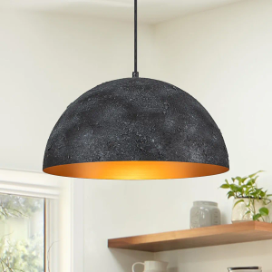 Zicbol 15.7'' Industrial Dome Pendant Light, Modern Black Textured Hanging Ceiling Lamp with Golden Interior, Vintage Dome-Shaped Light Fixture for Dining Room, Kitchen Island, Living Room