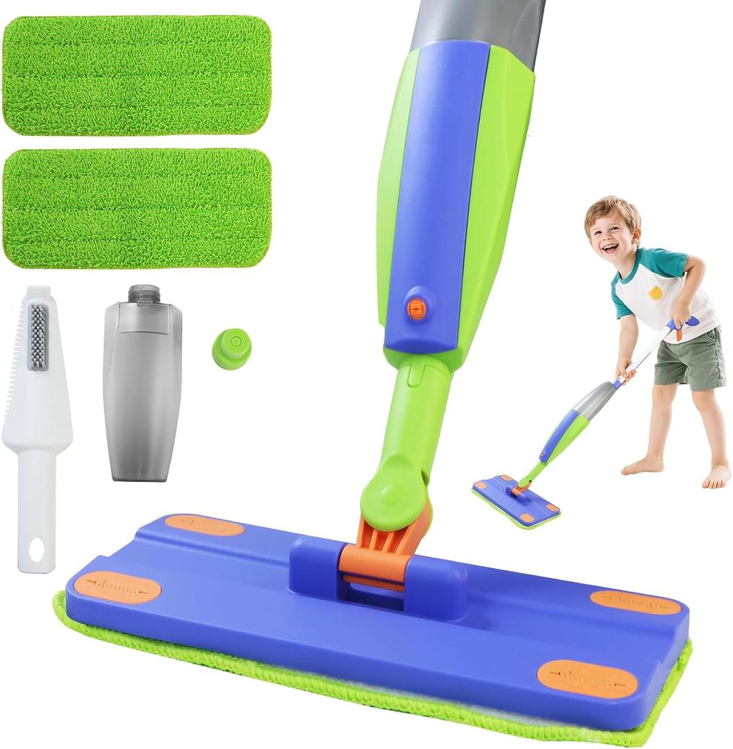 Kids Spray Mop that Really Works,Pretend Play Toddler Cleaning Set,Montessori Toys Cleaning Set for Ages 4-8, Water Sprayer & Scraper & 2 Washable Mop Pads, Housekeeping Toys Gifts for Kids Toddlers