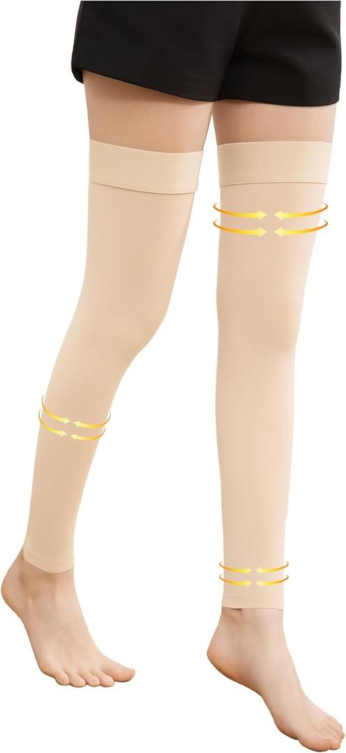 Medical Compression Stockings for Women & Men, 20-30 mmHg Footless Thigh High Compression Socks, Long Graduated Compression Sleeves, Full Leg Pressure Support Hoses for Varicose Veins, Edema (Large, Beige)