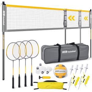 Haokelball Badminton Volleyball Net Set Combo Adjustable Width 20-32ft & Height, with Rackets, Shuttlecocks, Volleyball, Boundary Line, Carry Bag Badminton Sets for Backyards, Outdoor, Grass, lawn