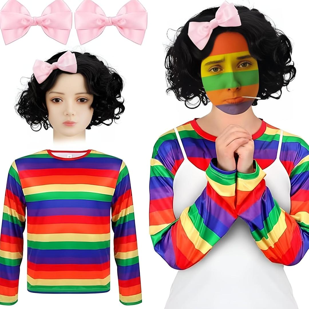 Mepase 4 Pcs Halloween Book Character Costumes Accessories for Women Rainbow Striped Shirt Black Short Curly Wigs and Pink Bow Hairpin Costume Adult Cosplay Dress Kit
