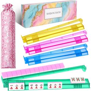 Non-Slip Mahjong Racks with Pushers, 4-Pack Clear Acrylic Tile Holders for American Mahjong, Includes Travel Storage Bag & Gift Box, Ideal for Game Parties & Women Mahjong-Lovers Gift Giving, 4-Color