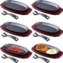6 Pieces Oval Cast Iron Fajita Skillet Pan Set Small Sizzling Steak Plate with Wooden Base and Handle Cast Iron Fajita Skillet Sizzling Plate for Home Restaurant Barbecue Wedding Valentine's Day (9.5 in X 5.5 in)