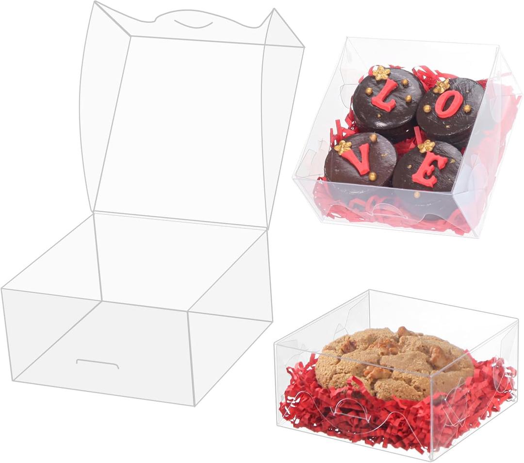 50pcs 4x4x2 Inch Plastic Clear Pastry Boxes - Cookies, Doughnuts, Soap, Truffle, Brownie, Cake, Chocolate Covered Strawberries & Treat Boxes for Party Favors & Wedding