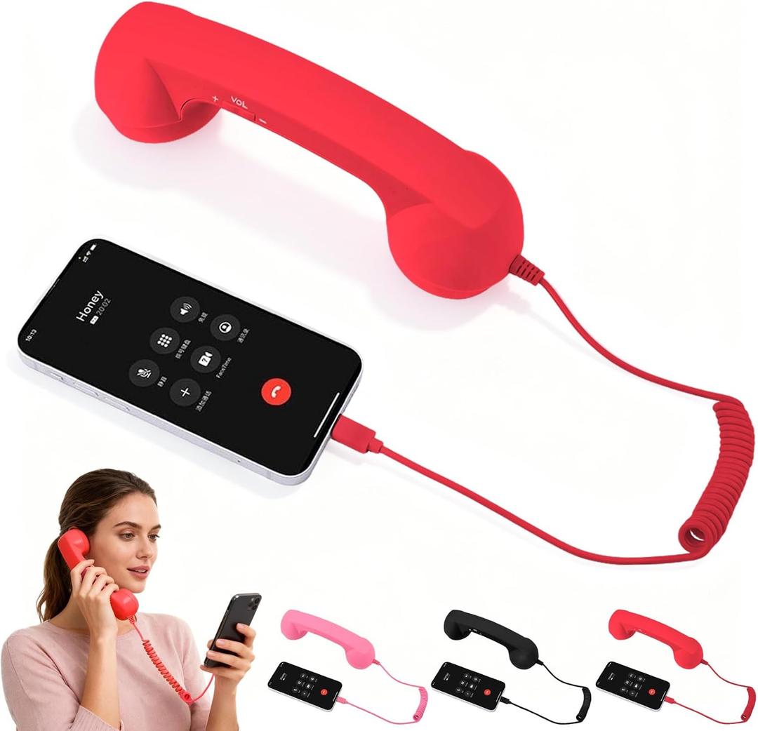 Retro Phone Handset for iPhone & Android, Cell Phone Receiver with Microphone & Speaker,Retro Phone Handset,Comfortable Retro Telephone Style Landline Handle Receiver Cell Mobile Phones (Red)