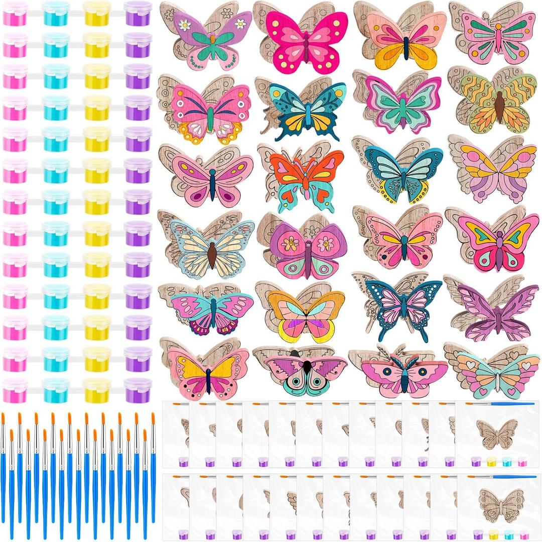 JellyArch 24 Sets 3D Wooden Butterfly DIY Painting Craft Kit Unfinished Butterfly Blank Wood Paint Craft with Brushes Acrylic Paints Bags for Kids Adults Toys Party Favor