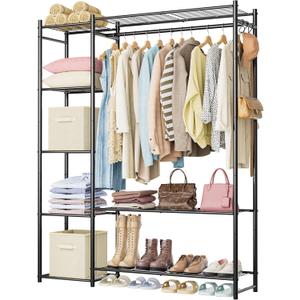 Wardrobe Closet, Portable Clothes Rack with 4 Tiers Shelves, Freestanding Closet Organizers and Storage System with Hanging Rods, Steel Clothing Rack Suitable for Cloakrooms, Bedrooms, Entrances, Black