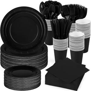 durony 350 Pieces Black Paper Dinnerware Set 7 Inch 9 Inch Disposable Dinner Plates Serve 50 Guests Paper Cup Cutlery Napkins Solid Color Party Supplies for Birthday Wedding Party Family Picnic (Black)
