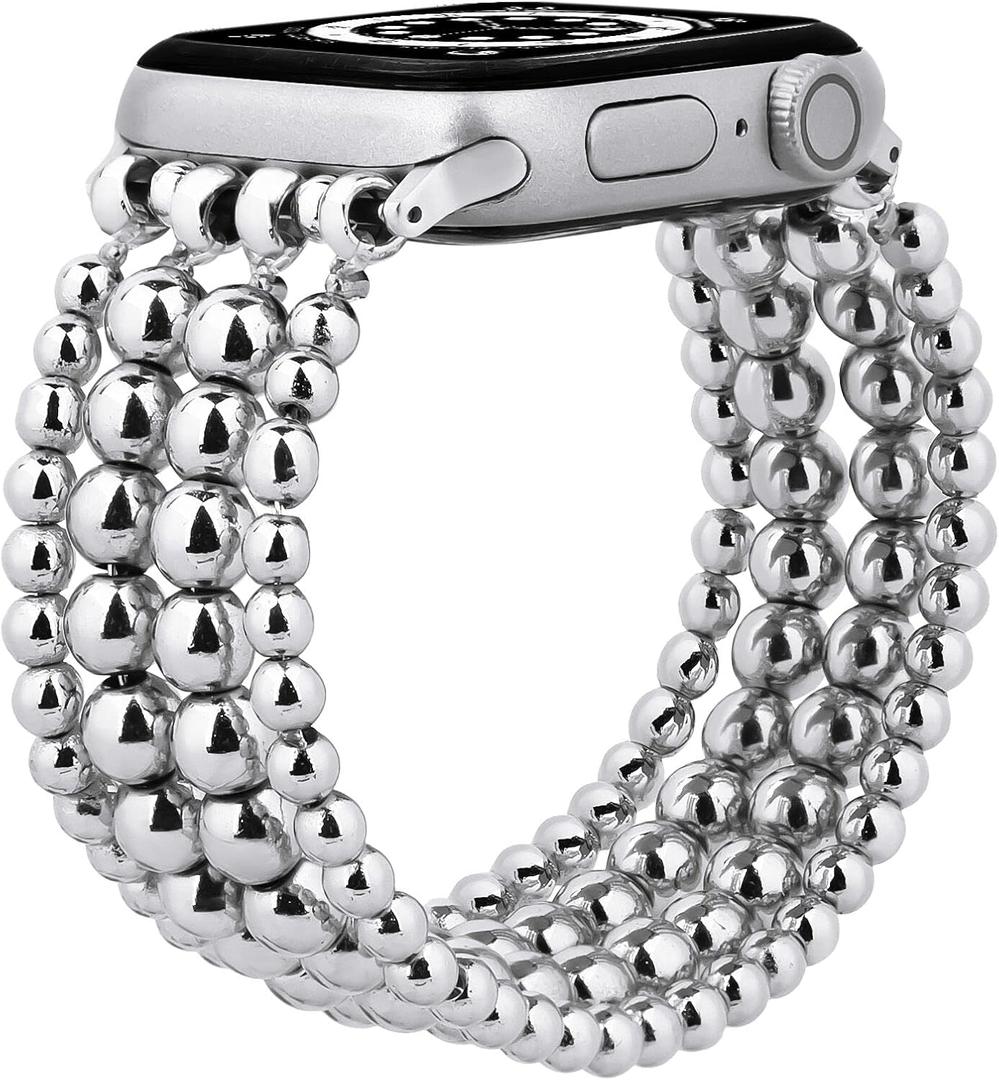 MOFREE Band Compatible with Apple Watch 38mm 40mm 41mm 42mm 44mm 45mm, Beaded Bracelet Women Fashion Handmade Elastic Stretch Strap for iWatch Series 10/9/87/SE/6/5/4/3/2/1 Bands (Silver)