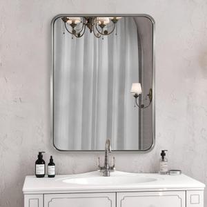 ANDY STAR 24x32 INCH Brushed Nickel Mirror, Rounded Rectangle Silver Metal Framed Mirrors for Bathroom Anti-Rust SUS304, Tube Metal Frame, 1 Deep Wall Mounted Vertically/Horizontal