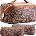 BOYATU Travel Makeup Bag for Women: 3 Pcs Set Portable Make up Bags with Handle - Leopard Print Cosmetic Bags with Compartments - Waterproof Vegan Leather Toiletry Bag (A-1-Brown)