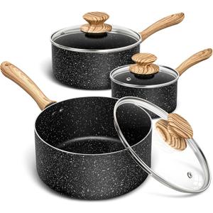 MICHELANGELO Saucepan Set, Nonstick Sauce Pans with Granite Coatings, Stone Sauce Pan with Lids, Non Stick Pot Sets, Sauce Pots 3 Piece, 1Qt, 2Qt & 3Qt (Black)