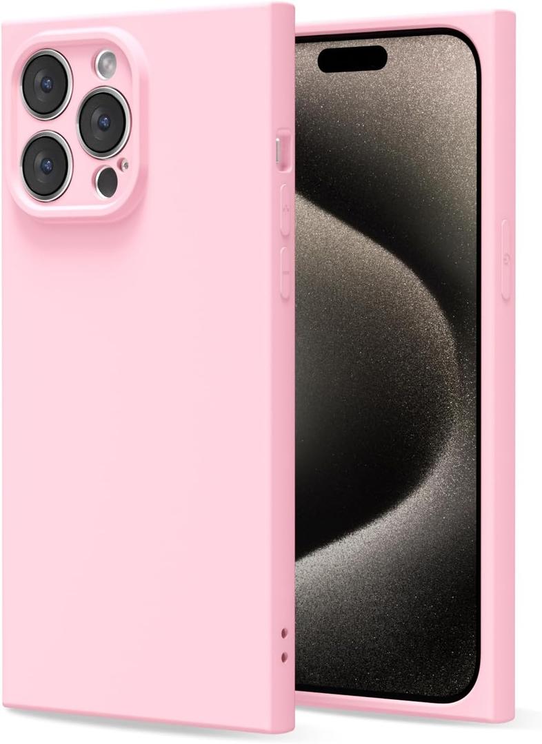 For iPhone 15 Pro Max Case Silicone, Rectangle Edge Cute Y2k Phone Case for Women Girl, Thin Protective Aesthetic Girly Design Soft Rubber with Camera Cover, Pink