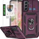 AYMECL for Galaxy S21 Plus 5G Case with Slide Camera Cover & [2 Packs] Self-Healing Screen Protector,Built-in 360 Rotate Stand Protective Case for Samsung Galaxy S21+ 5G 6.7 inch-Wine Red