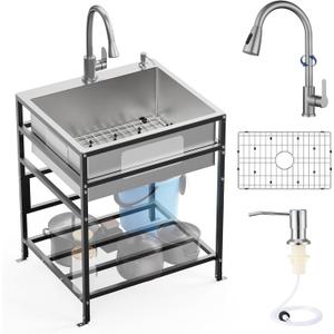 25x22 Inch Stainless Steel Utility Sink-Freestanding Laundry Sink Practicality With Accessories Stainless Functional Faucet,Soap Dispenser, SS Sink Grid For Laundry,Garage,Outdoor Kitchen,Garden...