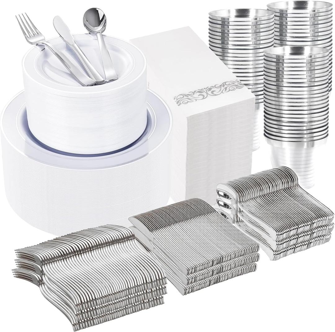 WELLIFE 700 Pieces Silver Plastic Dinnerware Set for 100 Guests - Includes Plates, Cups, Napkins, and Disposable Cutlery - Elegant White & Silver Design, Perfect for Parties and Events