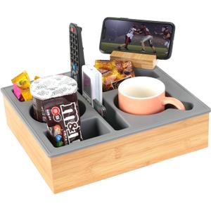 Couch Cup Holder Tray, Handy Silicone Bamboo Couch Caddy with Rotatable Phone Holder for Bed Car Seat Organizer, Waterproof Anti-spill Sofa Cup Holder for Snacks Beverage Remote (Gray)