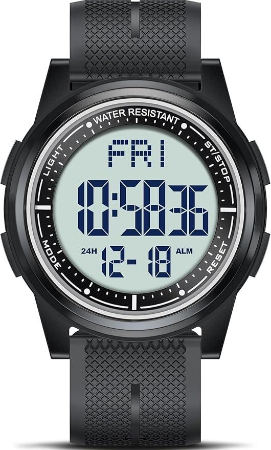 Beeasy Digital Watch for Men Women, 50M Waterproof UltraThin Lightweight Silicone 44mm Sports Watch with Alarm, Stopwatch and Countdown Timer, Ideal for Gym, Running, School and Daily Wear