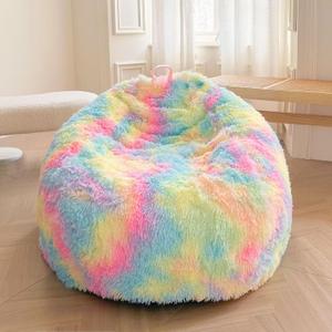 XeGe Kids Fluffy Faux Fur Bean Bag Chair Cover (No Filler), Soft Furry Stuffed Animal Storage Bean Bag Cover for Plush Toys, Shaggy Fuzzy Beanbag for Kids Teens Girls Children, Anti-Slip, Rainbow (Small(28"x28"x32"))