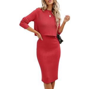 ANRABESS Womens 2 Piece Outfits Sweater Dresses Set Midi Skirt Sets Long Sleeve Crop Top Bodycon Ribbed Knit Dress 2025 Fall Medium