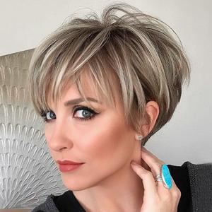 Fluffy Mixed Brown Natural Pixie Cut Wig 12 Inch Layered With Bangs Synthetic Short Wigs For White Women Everyday and Party