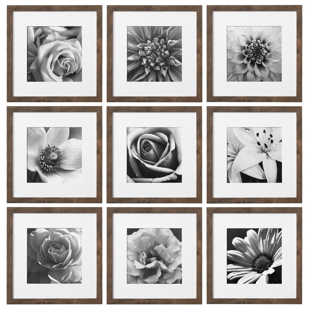 eletecpro 12x12 Picture Frames Set of 7 with Mat for 8x8 Photos or without Mat for 12x12, Square Gallery Wall Decor Collage for Picture Display, Weathering Brown Frame Set for Wall Hanging